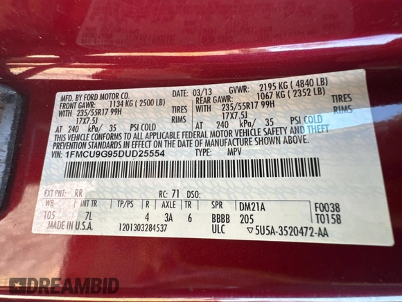 2013 Ford Escape SE with VIN 1FMCU9G95DUD25554, listed as a Copart auction lot 83068844 with Not provided miles and Clean title. Bid and sale history available at DreamBid. Image 10.