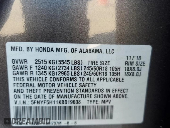 2019 Honda Pilot LX with VIN 5FNYF5H11KB019608, listed as a Copart auction lot 42678425 with 29,148 mi miles and Salvage Title. Bid and sale history available at DreamBid. Image 15.