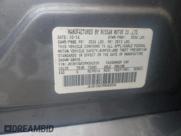 2015 Infiniti Q50 Sport with VIN JN1BV7AR7FM392530, listed as a Copart auction lot 51809235 with 85,141 mi miles and Salvage title. Bid and sale history available at DreamBid. Image 13.