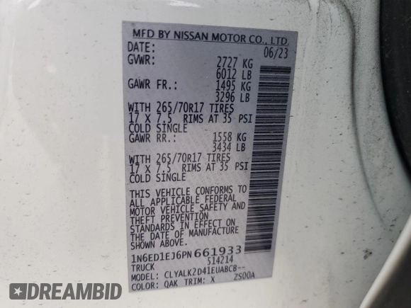 2023 Nissan Frontier Pro-X with VIN 1N6ED1EJ6PN661933, listed as a Copart auction lot 52496135 with 28,533 mi miles and Salvage title. Bid and sale history available at DreamBid. Image 15.