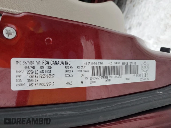 2017 Dodge Grand Caravan Crew Plus with VIN 2C4RDGDG9HR754866, listed as a Copart auction lot 42341225 with 213,458 mi miles and Salvage Title. Bid and sale history available at DreamBid. Image 14.