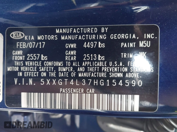 2017 Kia Optima LX z VIN 5XXGT4L37HG154590, wystawiony jako IAAI lot #42229141 z przebiegiem 112 134 mil mil oraz . Historia ofert i sprzedaży dostępna na DreamBid. Obrazek 9.