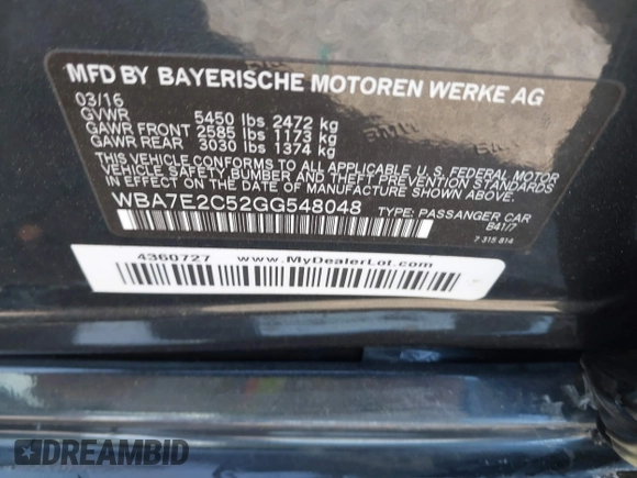 2016 BMW 7 Series 740i with VIN WBA7E2C52GG548048, listed as a IAAI auction lot 41701806 with 72,680 mi miles. Bid and sale history available at carsss.com. Image 9.