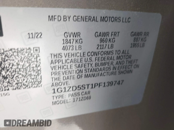 2023 Chevrolet Malibu LT with VIN 1G1ZD5ST1PF139747, listed as a IAAI auction lot 42122497 with 53,159 mi miles and . Bid and sale history available at DreamBid. Image 9.
