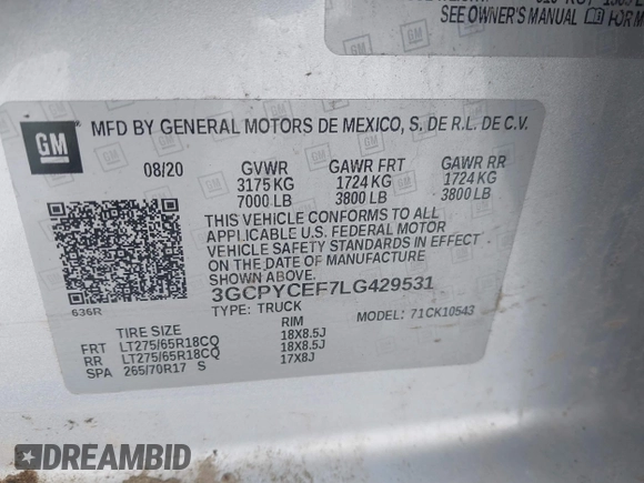 2020 Chevrolet Silverado 1500 Custom Trail Boss with VIN 3GCPYCEF7LG429531, listed as a IAAI auction lot 41555408 with 44,296 mi miles and . Bid and sale history available at DreamBid. Image 9.