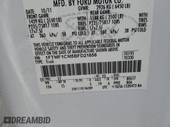 2011 Ford F-150 XL with VIN 1FTMF1CM5BFD21858, listed as a Copart auction lot 53099695 with 78,426 mi miles and Salvage Title. Bid and sale history available at DreamBid. Image 12.
