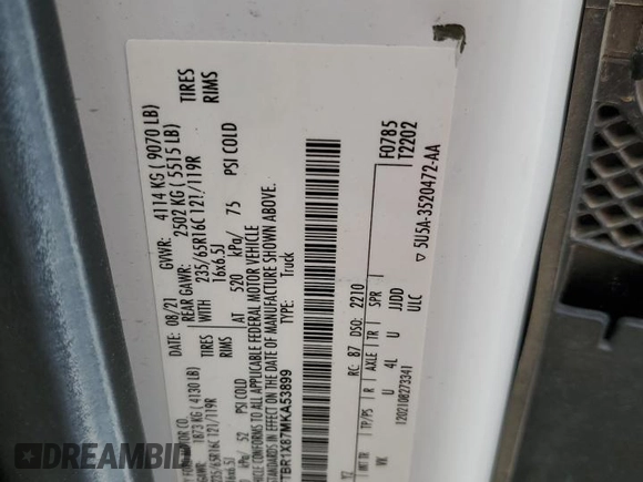 2021 Ford Transit Cargo с VIN 1FTBR1X87MKA53899, выставлен на аукционе Copart как лот 53969705 с пробегом 94 115 миль миль и Списание • Salvage title. История ставок и продаж доступна на DreamBid. Изображение 14.