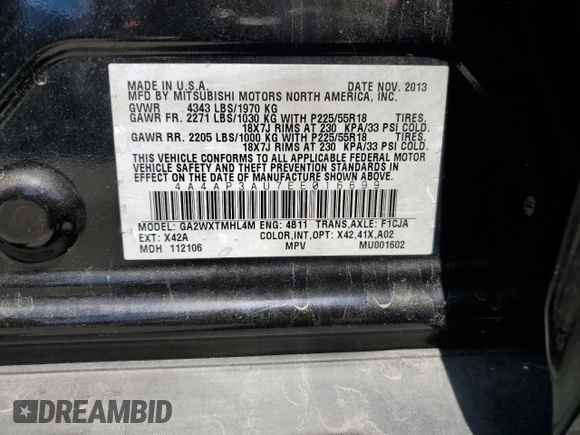 2014 Mitsubishi Outlander Sport ES with VIN 4A4AP3AU7EE016699, listed as a Copart auction lot 52827495 with 121,174 mi miles and Salvage Title. Bid and sale history available at carsss.com. Image 14.