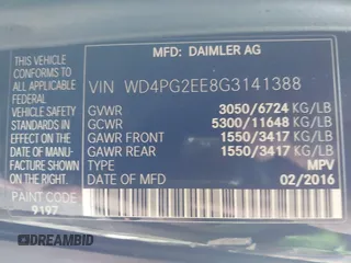 2016 Mercedes-Benz Metris Passenger with VIN WD4PG2EE8G3141388, listed as a IAAI auction lot 41818327 with 301,418 mi miles and . Bid and sale history available at DreamBid. Image 9.