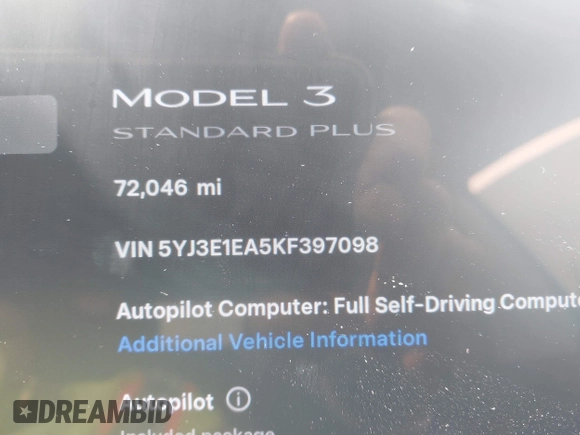 2019 Tesla Model 3 Mid Range with VIN 5YJ3E1EA5KF397098, listed as a IAAI auction lot 41943570 with 72,046 mi miles and . Bid and sale history available at DreamBid. Image 15.