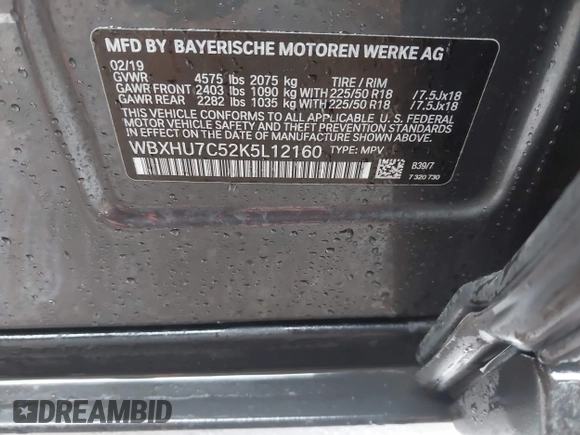 2019 BMW X1 sDrive28i with VIN WBXHU7C52K5L12160, listed as a IAAI auction lot 41452244 with 59,344 mi miles and . Bid and sale history available at DreamBid. Image 9.