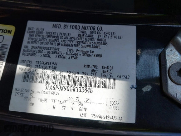 2016 Ford Fusion Titanium with VIN 3FA6P0K90GR333848, listed as a IAAI auction lot 42728138 with 147,864 mi miles and . Bid and sale history available at DreamBid. Image 9.