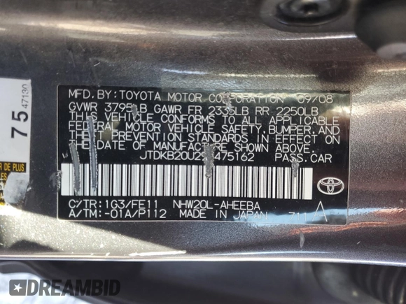 2009 Toyota Prius with VIN JTDKB20U293475162, listed as a Copart auction lot 88035875 with Not Provided miles and Clean Title. Bid and sale history available at DreamBid. Image 12.