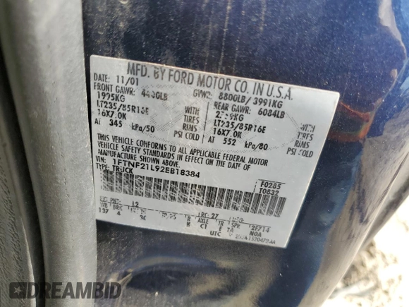 2002 Ford Super Duty F-250 XL with VIN 1FTNF21L92EB18384, listed as a Copart auction lot 69849294 with 0 mi miles and Salvage Title. Bid and sale history available at carsss.com. Image 12.
