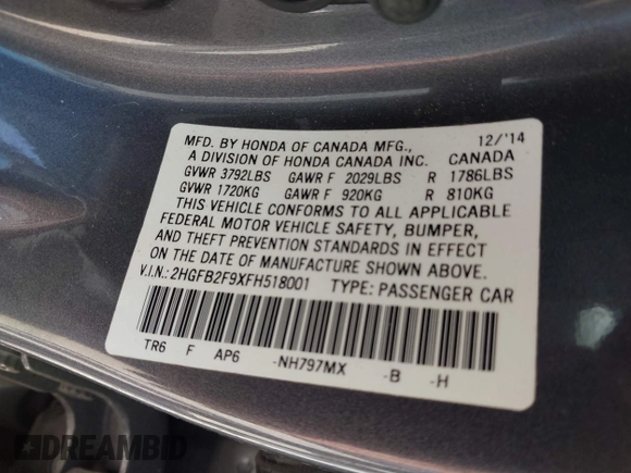 2015 Honda Civic EX-L with VIN 2HGFB2F9XFH518001, listed as a IAAI auction lot 42065254 with 110,202 mi miles and . Bid and sale history available at DreamBid. Image 9.