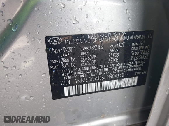 2020 Hyundai Santa Fe Limited with VIN 5NMS5CAD6LH304340, listed as a IAAI auction lot 41796115 with 56,989 mi miles. Bid and sale history available at carsss.com. Image 9.