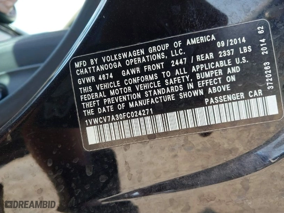 2015 Volkswagen Passat 2.0L TDI SEL Premium with VIN 1VWCV7A30FC024271, listed as a IAAI auction lot 41788754 with 108,278 mi miles. Bid and sale history available at carsss.com. Image 9.
