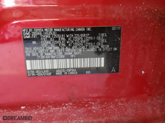 2011 Toyota RAV4 Ltd with VIN 2T3DF4DV1BW122068, listed as a Copart auction lot 45185855 with 0 mi miles and Salvage Title. Bid and sale history available at carsss.com. Image 14.