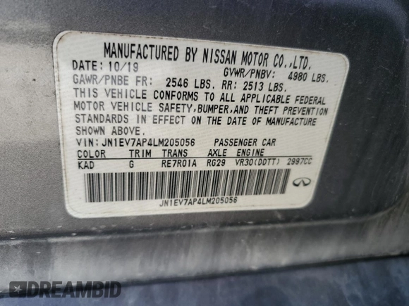 2020 Infiniti Q50 Edition 30 with VIN JN1EV7AP4LM205056, listed as a Copart auction lot 51043005 with 54,493 mi miles and Salvage Title. Bid and sale history available at DreamBid. Image 13.