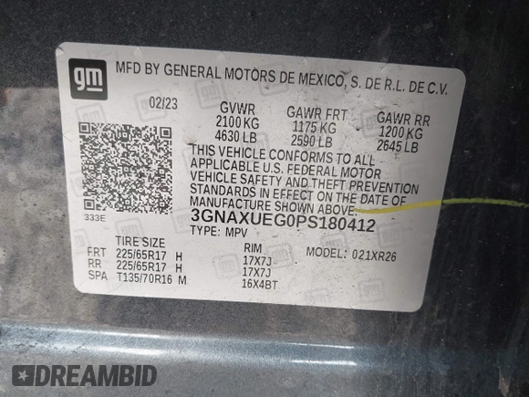 2023 Chevrolet Equinox LT with VIN 3GNAXUEG0PS180412, listed as a IAAI auction lot 42018029 with 60,925 mi miles and . Bid and sale history available at DreamBid. Image 9.