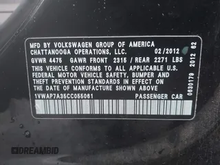 2012 Volkswagen Passat S with VIN 1VWAP7A35CC055061, listed as a IAAI auction lot 41745199 with 203,266 mi miles and . Bid and sale history available at DreamBid. Image 9.