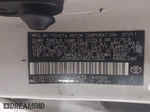2011 Toyota Prius I with VIN JTDKN3DU1B0270303, listed as a IAAI auction lot 41367473 with 1 mi miles. Bid and sale history available at carsss.com. Image 9.