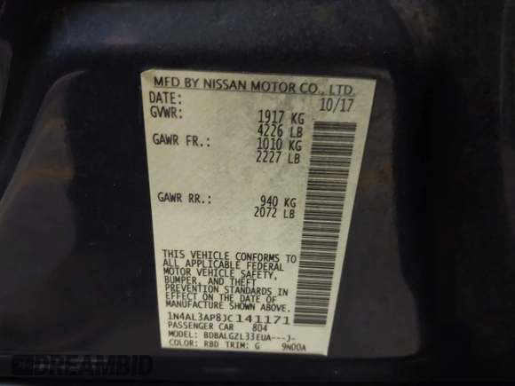 2018 Nissan Altima SR with VIN 1N4AL3AP8JC141171, listed as a IAAI auction lot 41093421 with 144,301 mi miles and . Bid and sale history available at DreamBid. Image 9.
