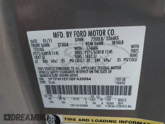 2011 Ford F-150 XL with VIN 1FTFW1EF3BFA29584, listed as a IAAI auction lot 42332223 with 74,283 mi miles and . Bid and sale history available at DreamBid. Image 9.