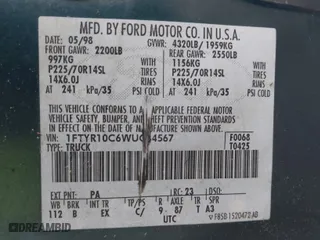 1998 Ford Ranger XL with VIN 1FTYR10C6WUC44567, listed as a IAAI auction lot 41809574 with 58,698 mi miles. Bid and sale history available at carsss.com. Image 9.
