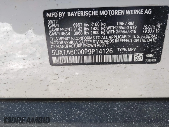 2023 BMW X5 xDrive45e with VIN 5UXTA6C00P9P14126, listed as a IAAI auction lot 41553162 with 36,654 mi miles. Bid and sale history available at carsss.com. Image 9.