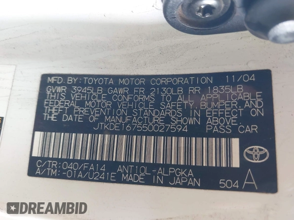 2005 Scion tC with VIN JTKDE167550027594, listed as a IAAI auction lot 42164426 with 223,156 mi miles and . Bid and sale history available at DreamBid. Image 9.