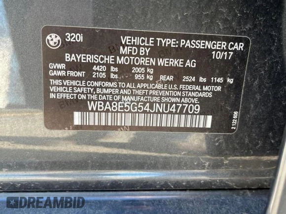 2018 BMW 3 Series 320i xDrive with VIN WBA8E5G54JNU47709, listed as a Copart auction lot 46378385 with 40,647 mi miles and Clean Title. Bid and sale history available at carsss.com. Image 10.