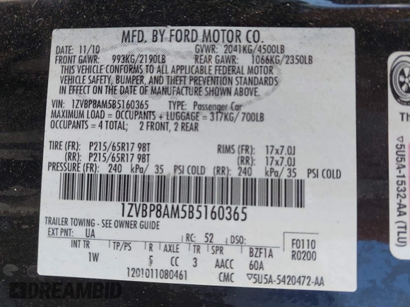 2011 Ford Mustang V6 with VIN 1ZVBP8AM5B5160365, listed as a IAAI auction lot 42003791 with 175,579 mi miles and . Bid and sale history available at carsss.com. Image 9.