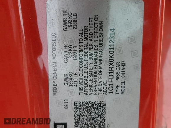 2019 Chevrolet Camaro 2LT with VIN 1G1FD1RX0K0112314, listed as a Copart auction lot 46925705 with 80,845 mi miles and Salvage Title. Bid and sale history available at carsss.com. Image 12.