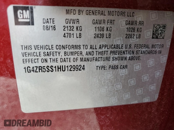 2017 Buick LaCrosse Premium with VIN 1G4ZR5SS1HU129924, listed as a Copart auction lot 54311965 with 105,540 mi miles and Non repairable. Bid and sale history available at DreamBid. Image 12.