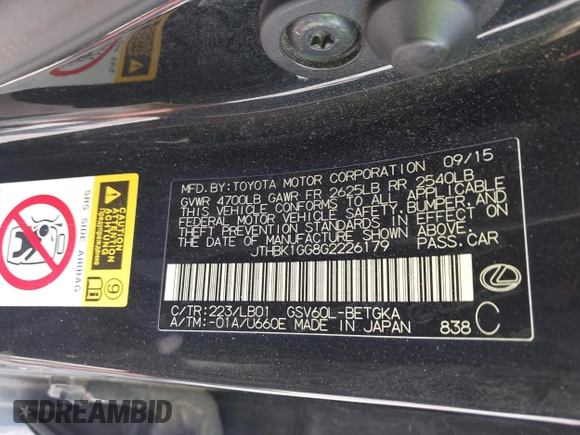 2016 Lexus ES 330 with VIN JTHBK1GG8G2226179, listed as a IAAI auction lot 42320452 with 201,593 mi miles and . Bid and sale history available at DreamBid. Image 9.