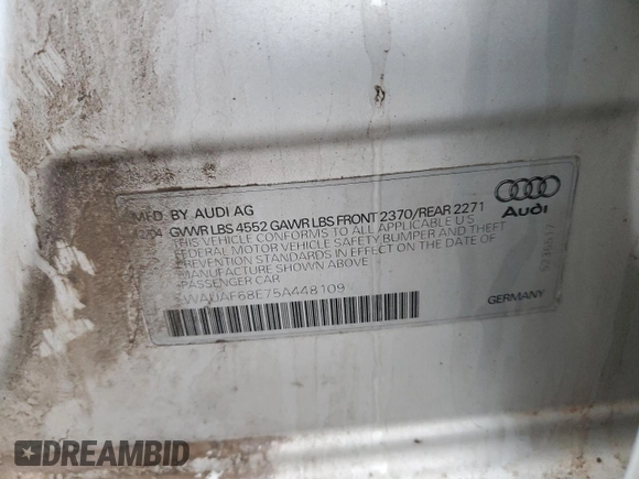 2005 Audi A4 2.0T with VIN WAUAF68E75A448109, listed as a Copart auction lot 83555214 with 252,242 mi miles and Salvage Title. Bid and sale history available at carsss.com. Image 12.