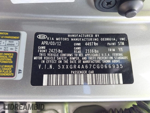 2012 Kia Optima SX with VIN 5XXGR4A67CG066935, listed as a IAAI auction lot 41989589 with 80,420 mi miles and . Bid and sale history available at carsss.com. Image 9.