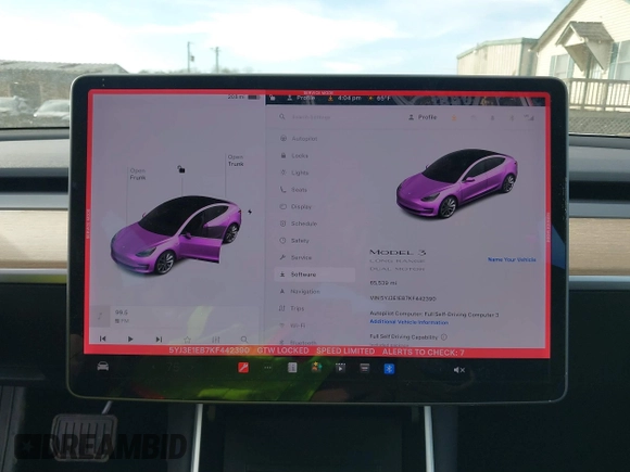 2019 Tesla Model 3 Long Range with VIN 5YJ3E1EB7KF442390, listed as a IAAI auction lot 41700122 with 65,539 mi miles. Bid and sale history available at carsss.com. Image 19.