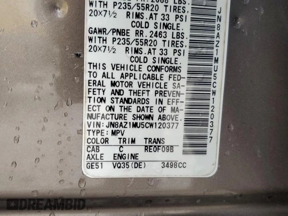 2012 Nissan Murano S with VIN JN8AZ1MU5CW120377, listed as a Copart auction lot 64497414 with 138,984 mi miles and Clean Title. Bid and sale history available at carsss.com. Image 12.