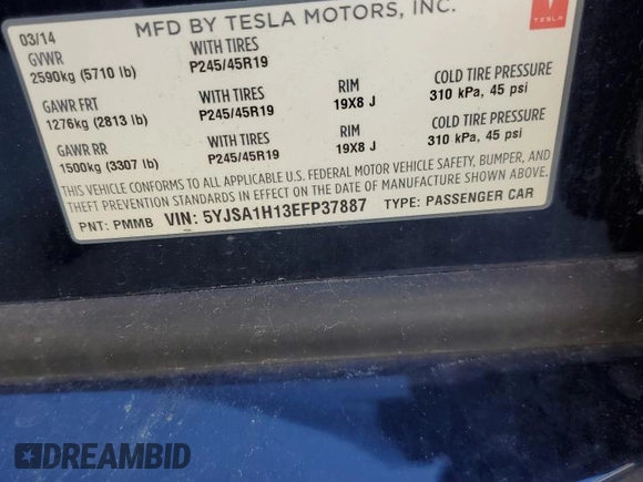 2014 Tesla Model S 60 with VIN 5YJSA1H13EFP37887, listed as a Copart auction lot 48438555 with Not provided miles and Clean title. Bid and sale history available at DreamBid. Image 12.