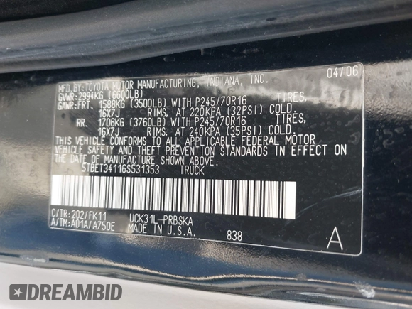 2006 Toyota Tundra SR5 with VIN 5TBET34116S531353, listed as a IAAI auction lot 41936220 with 127,088 mi miles and . Bid and sale history available at DreamBid. Image 9.