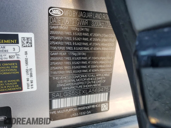 2020 Land Rover Range Rover z VIN SALGS5SEXLA569475, wystawiony jako Copart lot #82700814 z przebiegiem 73 738 mil mil oraz Szkoda całkowita • Salvage title. Historia ofert i sprzedaży dostępna na DreamBid. Obrazek 13.