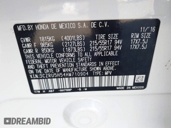 2017 Honda HR-V EX with VIN 3CZRU5H54HM710904, listed as a IAAI auction lot 41120244 with 1 mi miles. Bid and sale history available at carsss.com. Image 9.