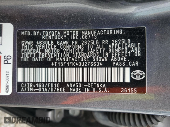 2013 Toyota Camry L with VIN 4T1BF1FK4DU276634, listed as a Copart auction lot 54859225 with 84,148 mi miles and Salvage Title. Bid and sale history available at DreamBid. Image 12.