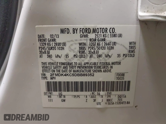 2013 Ford Edge Limited with VIN 2FMDK4KC5DBB89352, listed as a IAAI auction lot 41587565 with 69,229 mi miles. Bid and sale history available at carsss.com. Image 9.