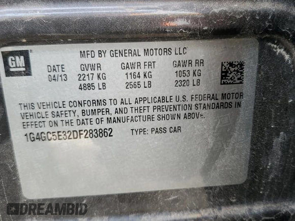 2013 Buick LaCrosse Leather with VIN 1G4GC5E32DF283862, listed as a Copart auction lot 51677475 with 167,976 mi miles and Salvage Title. Bid and sale history available at carsss.com. Image 12.