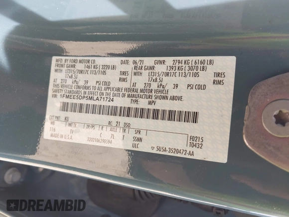 2021 Ford Bronco with VIN 1FMEE5DP5MLA71724, listed as a IAAI auction lot 42286668 with 38,239 mi miles and . Bid and sale history available at DreamBid. Image 9.