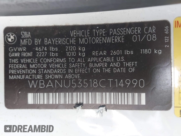 2008 BMW 5 Series 528i with VIN WBANU53518CT14990, listed as a IAAI auction lot 41921482 with 257,615 mi miles and . Bid and sale history available at carsss.com. Image 9.