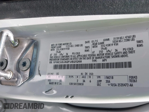 2015 Ford Escape Titanium с VIN 1FMCU0J92FUB25268, выставлен на аукционе IAAI как лот 42489681 с пробегом 139 809 миль миль и . История ставок и продаж доступна на DreamBid. Изображение 9.